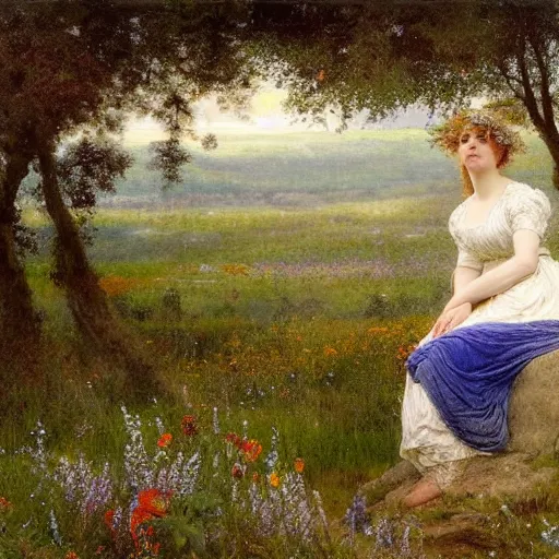 Image similar to a young woman in a flowing white gown sits on a rainbow stone among a wildflower meadow at dawn, in the style of alma tadema, iridescent, diffraction, holographic