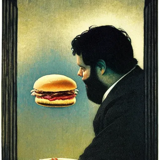 Prompt: orson welles hunting a giant hamburger, melancholy, mysterious, dark, concept art, sharp focus, illustration, by delphin enjolras, by carlos schwabe, by gustave dore