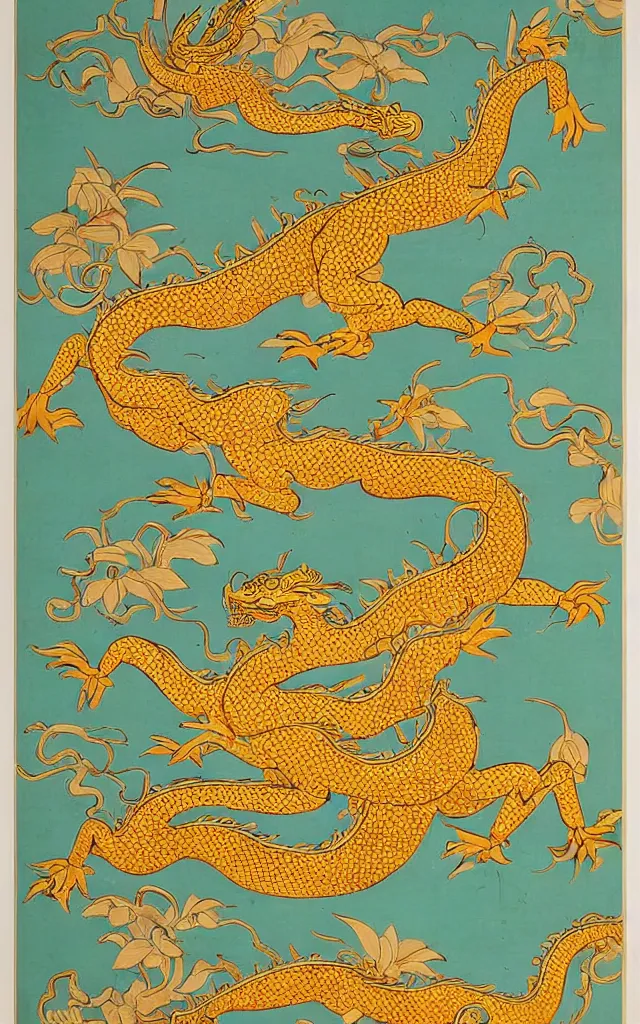 Image similar to a chinoiserie poster depicting a golden dragon