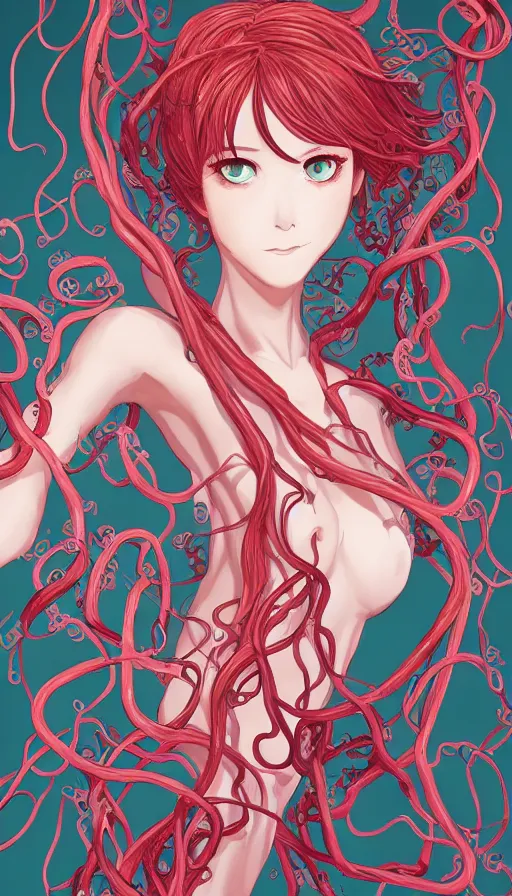 Prompt: very detailed portrait of a 2 0 years old girl surrounded by tentacles, the youg woman visage is blooming from fractal and vines, by gainax co,