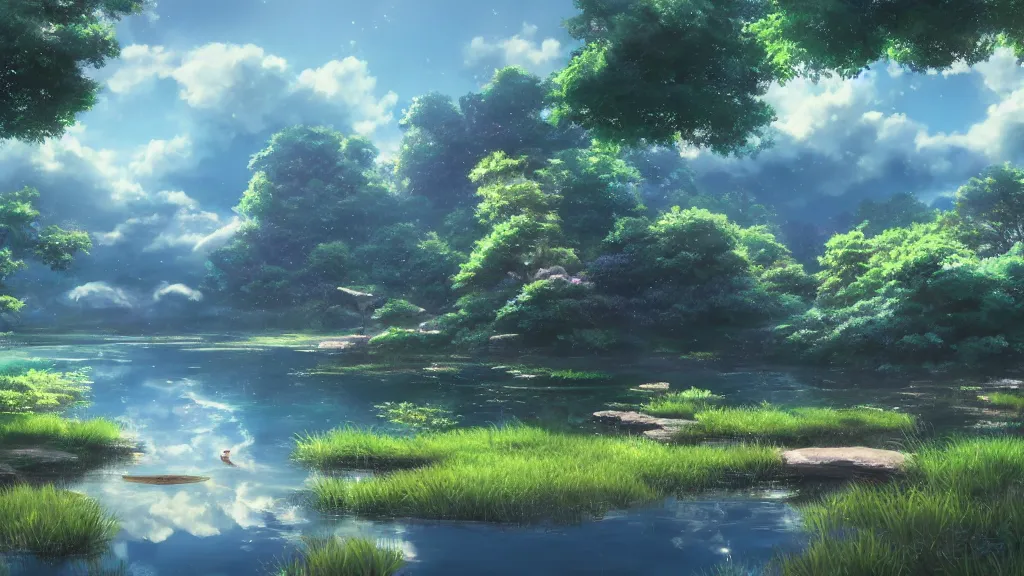 Prompt: a ultradetailed beautiful matte painting of a peaceful pond with a clear water and a magical wind blowing gently, anime landscape, high resolution 4 k, by makoto shinkai, charli bowater and artgeem