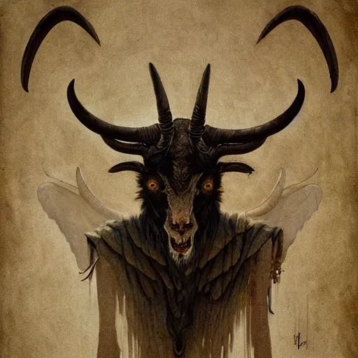 Image similar to baphomet with goat horns holding an animal skull, style of da vinci, horror, fantasy illustration, by greg rutkowski