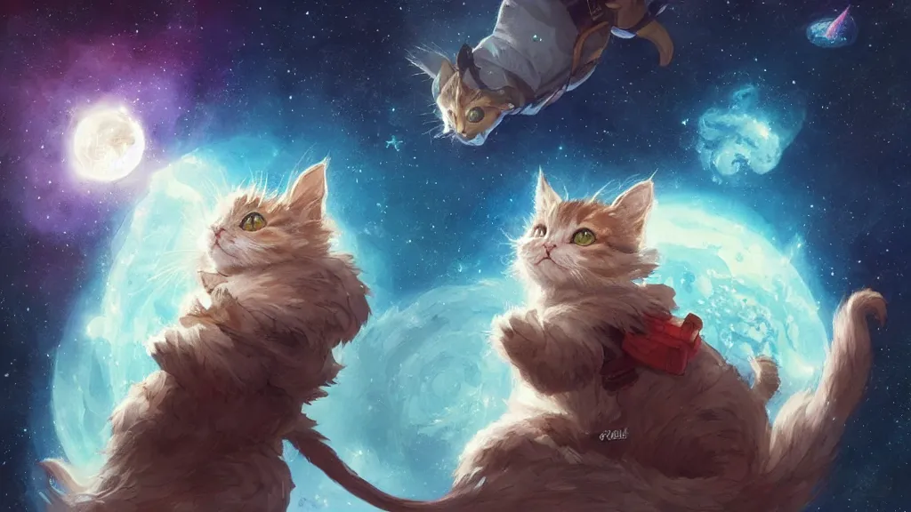 Image similar to cartoonish kitten wearing a wizard cat and a fake beard floating in space, bright stars, anime, a fantasy digital painting by Greg Rutkowski and James Gurney, trending on Artstation, highly detailed