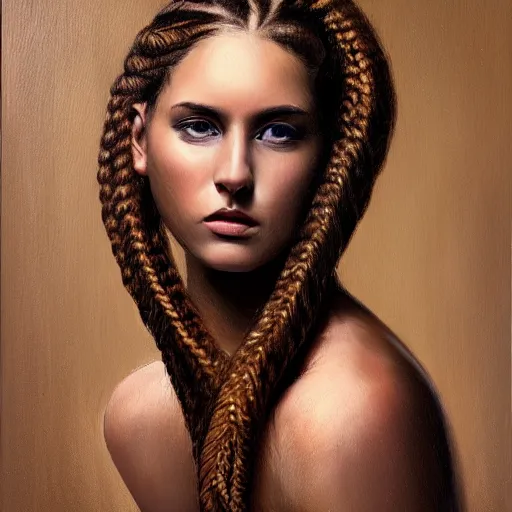 Prompt: young woman, big braids, slightly tanned, heroine, oil painting, portrait, intricate complexity, rule of thirds, character concept by bagshaw, tom