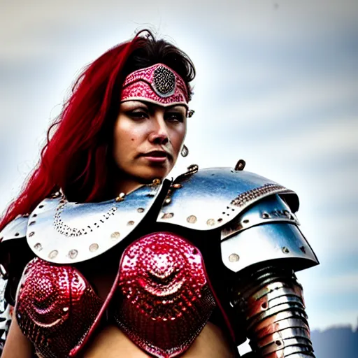 Image similar to photo of a real-life beautiful female warrior with ruby encrusted armour
