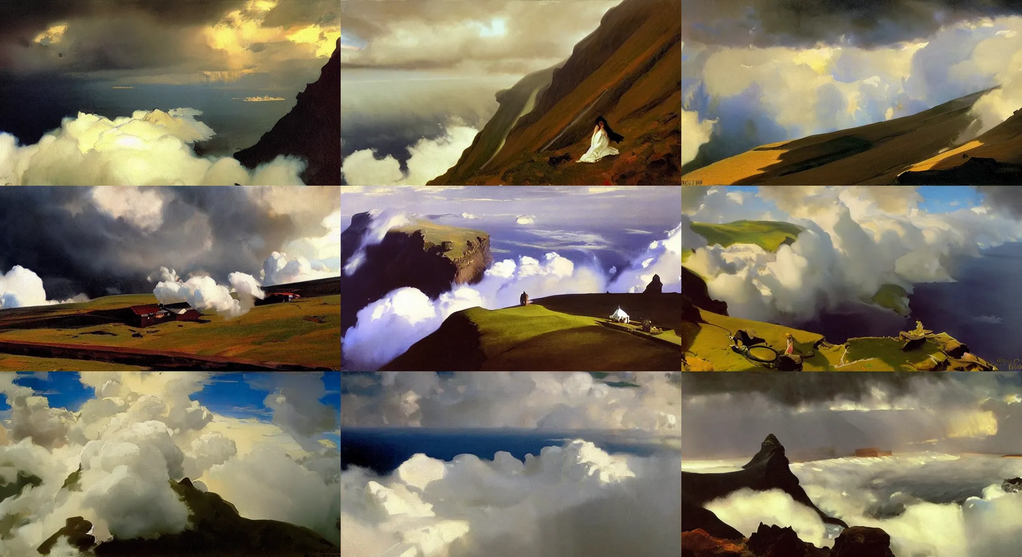 Prompt: painting by sargent and leyendecker and greg hildebrandt savrasov levitan above the layered low clouds on madeira faroe azores iceland black coast overcast storm wide angle view from above