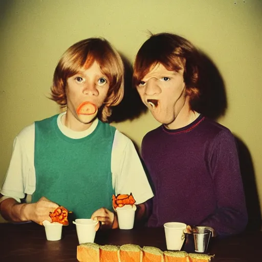 Prompt: 1 9 7 0 s polaroid portrait photograph of scooby doo and shaggy eating 6 foot tall sandwiches in wetherspoons