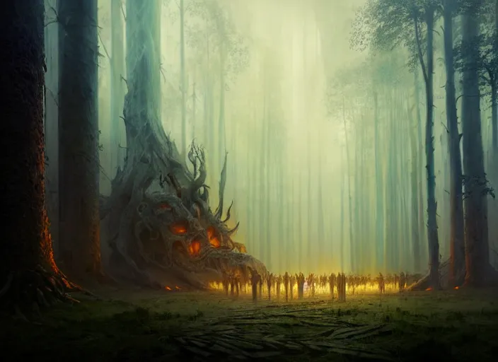 Image similar to the forest council, gods, environment, illustration, symmetrical, smoky, unreal engine, colors, epic scene, fantasy art by greg rutkowski, octane redner, golden raito, high quality, intricate details, highly details, intricate, atmosphere, highly detailed, matte painting, cinematic, deviantart, realistic, concept art, 4 k