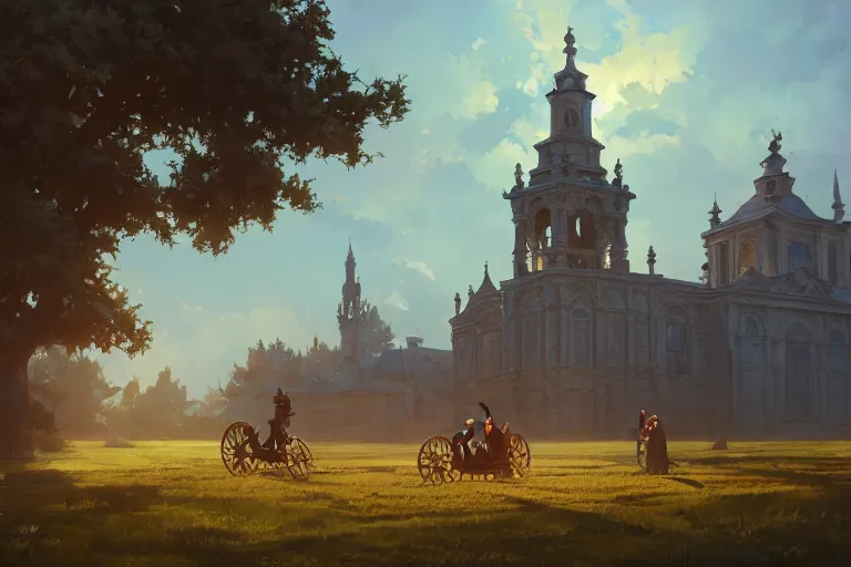 Image similar to a driving ornate baroque church on chainwheels, scene in an open field. key visual, conceptart, ambient lighting, highly detailed, digital painting, artstation, concept art, sharp focus, by makoto shinkai and akihiko yoshida and greg manchess