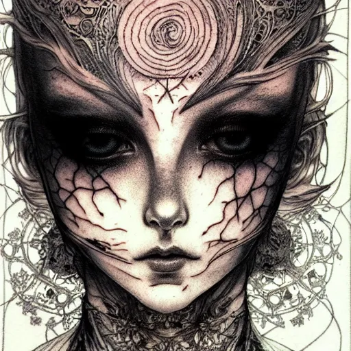 Prompt: prompt: Fragile looking vessel portrait tattooed face character soft light drawn by Vania Zouravliov and Takato Yamamoto, inspired by Fables, shiny knight armour, magical and alchemical weapons, soft light, white background, intricate detail, intricate ink painting detail, sharp high detail, manga and anime 2000