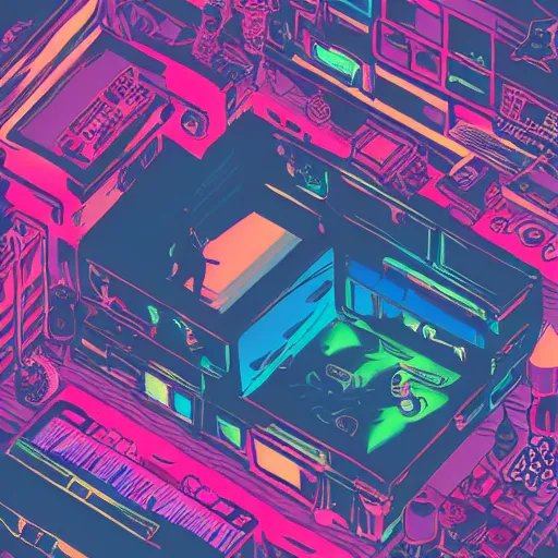 Prompt: aerial view photo of a guy laying on the floor of his bedroom looking at the camera, synthwave colors, computer, cell phone, video games, tv, knick knacks, faded effect, scribble anime, light, bright, no shadows