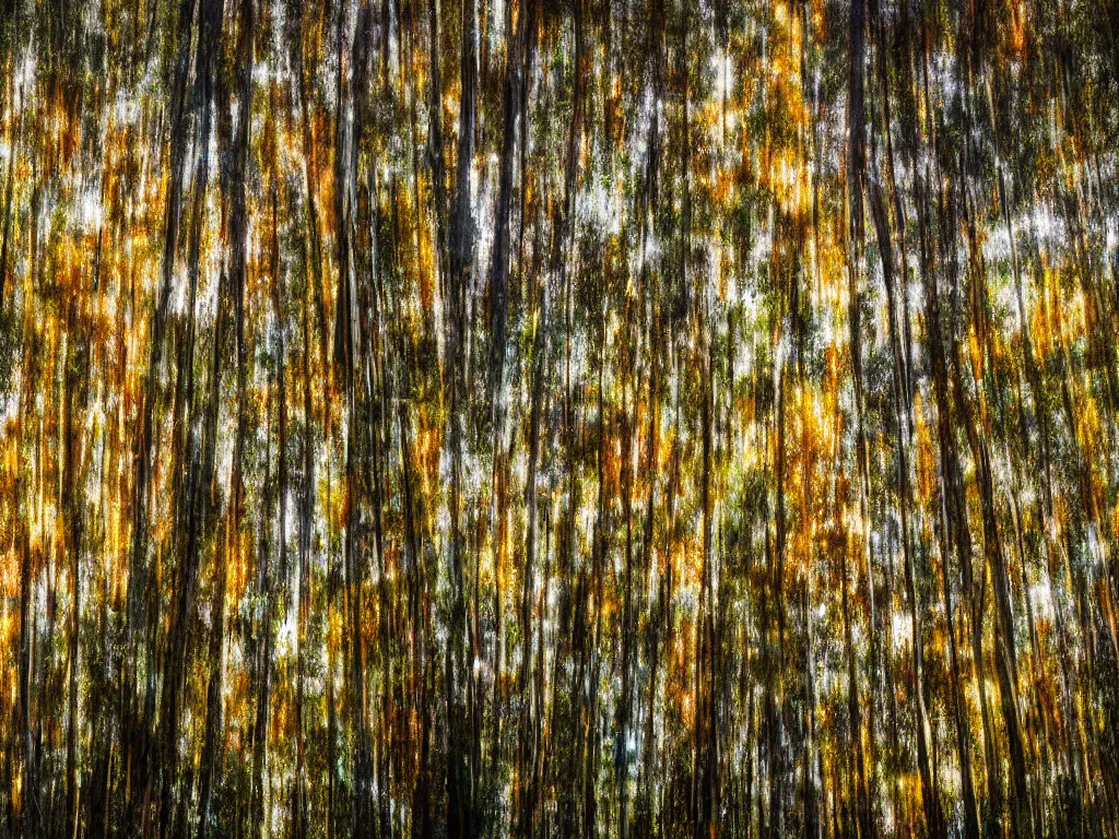 Image similar to double exposure photograph of tens of eucalyptus trees, flash exposure, autumn, in the style of edward steichen and pollock, sony ar 7 ii