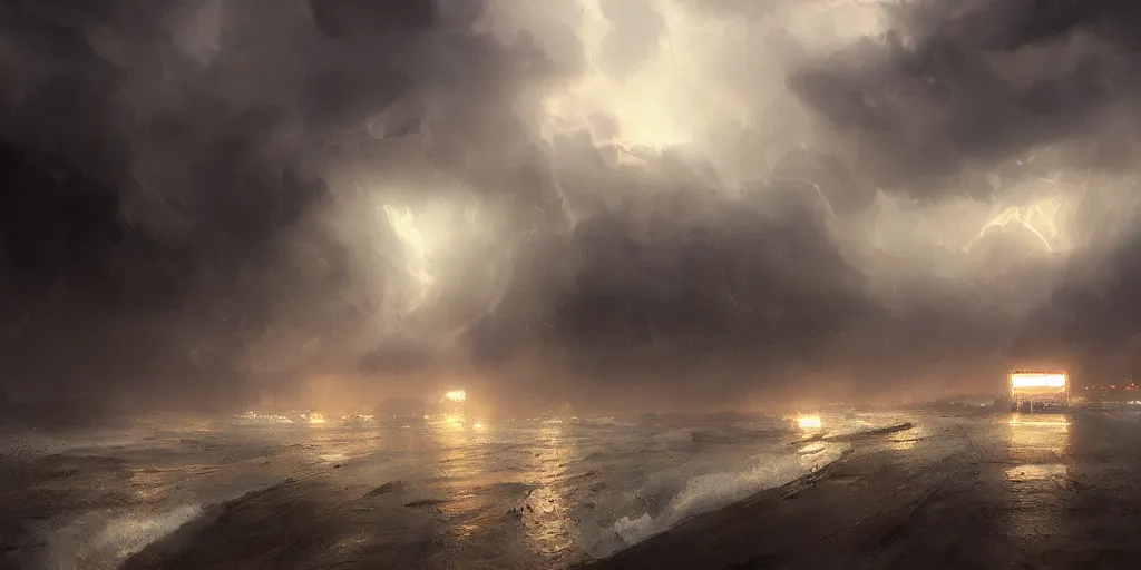 Image similar to los angeles hit by a biblical flood during a storm, dramatic lighting, beautiful, stunning landscape artwork by artgerm, rutkowski, wlop featured on artstation, cgsociety, behance hd