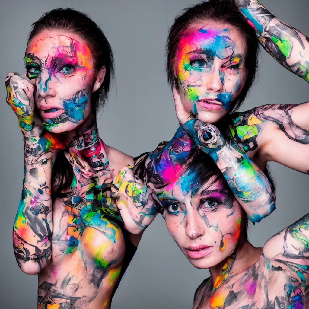 Image similar to a beautiful cyborg woman with fluorescent tatoos on the face, multicolor studio lights.