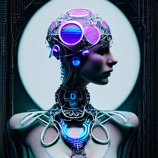 Prompt: portrait of an absurdly beautiful, graceful, sophisticated, fashionable cyberpunk mechanoid gravure idol, ultrafine hyperdetailed illustration by irakli nadar, matt wisniewski style, intricate linework, porcelain skin, neon jellyfish headdress, iridescent cuttlefish necklace, unreal engine 5 highly rendered, global illumination, radiant light, detailed and intricate environment