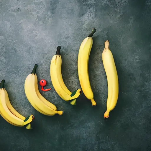 Image similar to professional photograph of banana ducks, peeled bananas with googly eyes and duck beaks