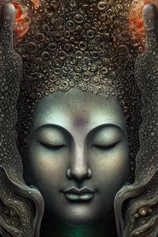 Image similar to a stunning ultra detailed underwater fantasy closeup photo of a buddha head granite statue surrounded by bioluminescent jelly fishes, by tomasz alen kopera and tom bagshaw, water bubbles, very detailed, deep depth of field, 8 5 mm lens, soft lighting, artstation, highly coherent, 8 k