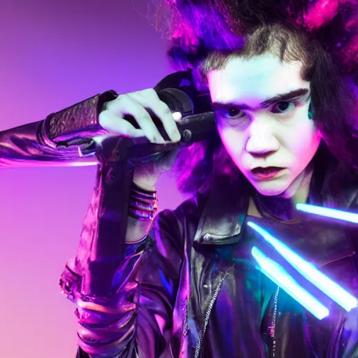 Prompt: grimes [ performing live ecstatically ]!! onstage, volumetric neon lights in the background, gleaming, 3 5 mm photography, portrait!!!!!!, trending on artstation, 4 k, 8 k, zbrush, mannerism