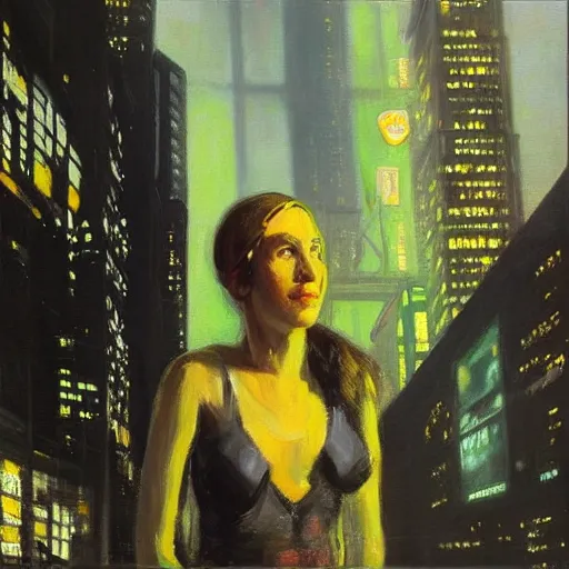 Prompt: “ a girl! looking down at a futuristic new york city below in the year 3 6 6 6, cyberpunk, detailed face, oil painting, by george bellows ”