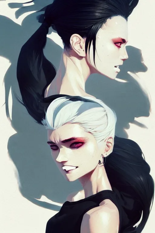 Image similar to a ultradetailed beautiful painting of a stylish woman in with white hair in a ponytail, she is wearing a black tank top, by conrad roset, greg rutkowski and makoto shinkai trending on artstation