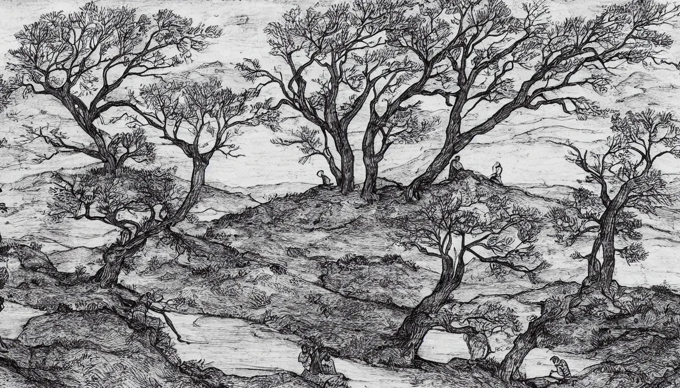 Image similar to a person sits on a hill overlooking a river, wind blown trees, pen and ink, 1 5 0 0 s, 8 k resolution