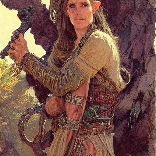 Image similar to Kethlan the elven desert bandit. Hidden ruins. Epic portrait by james gurney and Alfonso mucha.