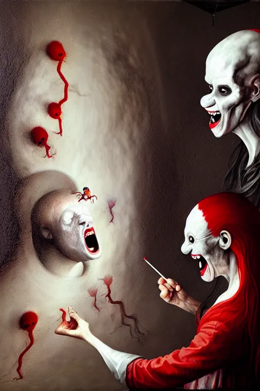 Image similar to hieronymus bosch, greg rutkowski, anna podedworna, painting of thousands of white blobs with red hair laughing at a female vampire clown in a vr headset