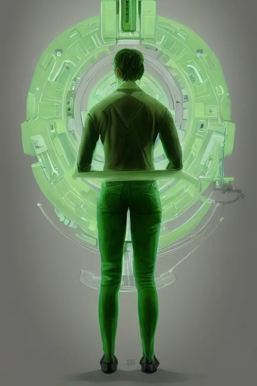 Image similar to full body shot green radio head man back view synth wave, blank lighting ultra realistic photorealistic highly detailed high quality, a stunningly, digital painting, artstation, concept art, smooth, sharp focus, illustration, art by artgerm and greg rutkowski and alphonse mucha 8 k