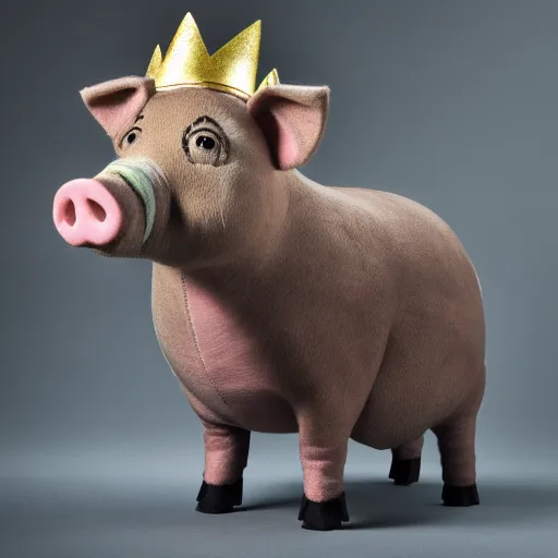 Image similar to studio photograph of a pig wearing a gold crown depicted as a muppet karate full body