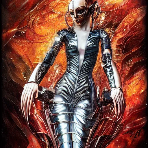 Image similar to a full body beautiful woman wearing a cyberpunk outfit by karol bak, ayami kojima, artgerm, sakimichan, hr giger, blue eyes, weapons, electronics, high tech, cyber wear, latex dress, bandage, concept art, fantasy, cyberpunk