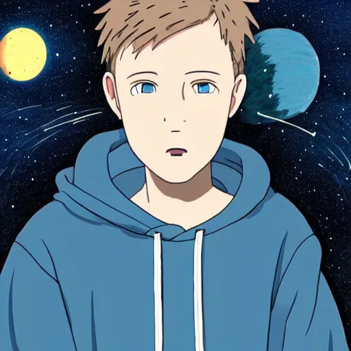 Prompt: Guy with dark blonde hair and blue eyes wearing a hoodie in space, Spirited away, astonishing background, centred