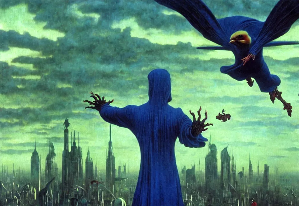 Image similar to realistic detailed portrait movie shot of a screaming birdman wearing black robes, sci fi city landscape background by denis villeneuve, amano, yves tanguy, alphonse mucha, ernst haeckel, max ernst, roger dean, masterpiece, rich moody colours, blue eyes