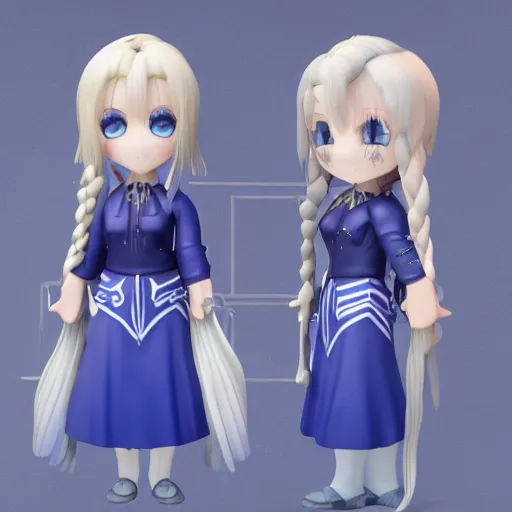 Prompt: 3d render of a blue eyes, blonde long hair, two braids, violet evergarden as a cute chibi figurine, blue-white dress, blender, artstation, 8k, highly detailed