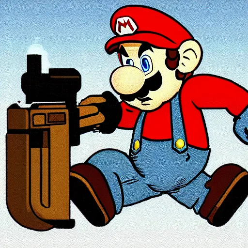 Prompt: Mario shooting an AK-47 on the cover of Mario Battle Royale, Nintendo DS, 2005, game cover art