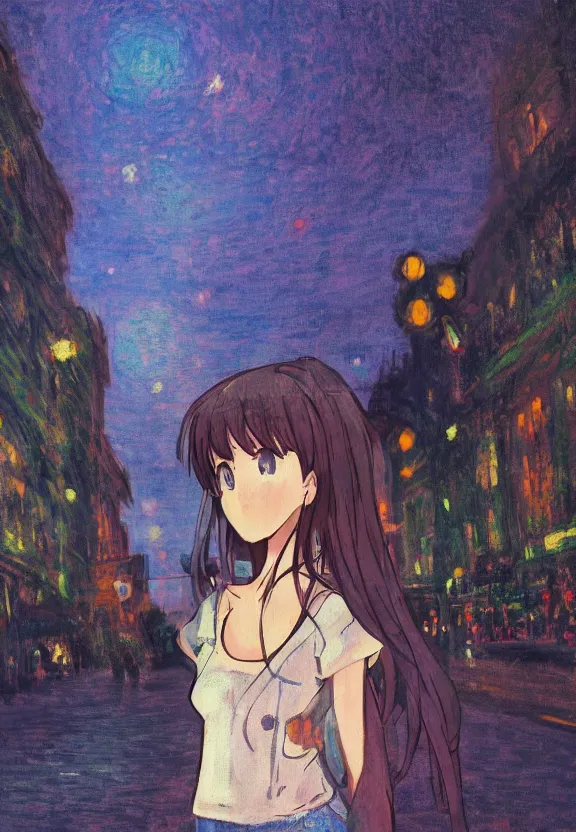 Image similar to wide angle portrait of a teenage girl, a thrifty outfit, somewhat of an anime in impressionist style, city street view background, starlit night sky, trending artwork, illustrated in anime painter studio, by claude monet