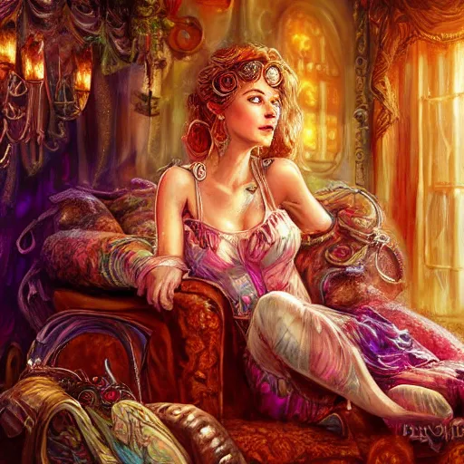 Image similar to a beautiful female is sitting on her living room couch. She is dressed casually and is watching TV, Regal, Realistic, Refined, Detailed Digital Art, Josephine wall, Oil Painting, Steampunk, Highly Detailed, Cinematic Lighting, Unreal Engine, 8k, HD