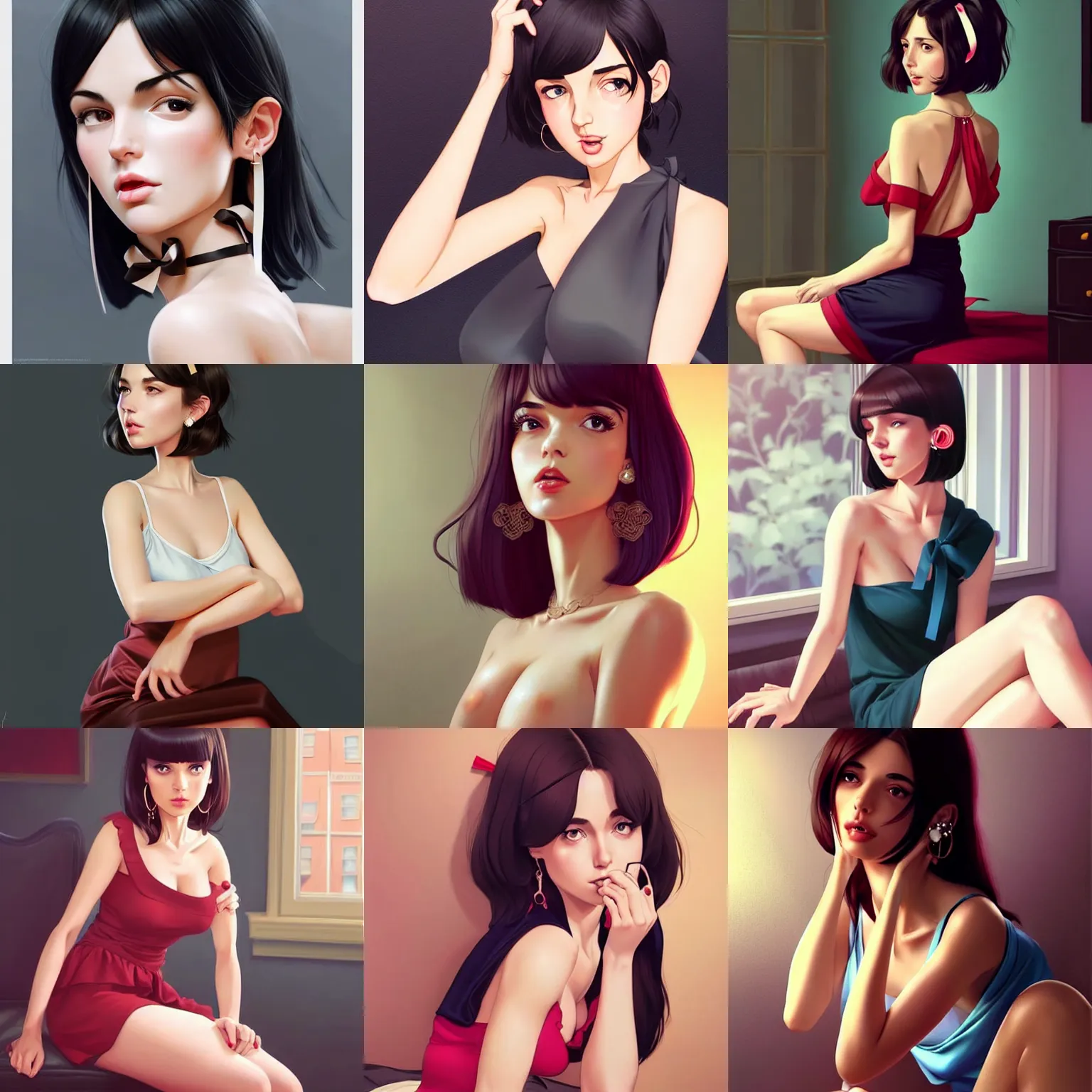 Prompt: sexy girl in a low cut blouse and short skirt, seductive pose!!!, shoulder-length hair, ribbon in her hair, earrings, sitting on a bed. highly detailed, digital painting, in the style of artgerm and ilya kuvshinov, high definition digital art!!!!!!!!!!, intricate!!!!!!!