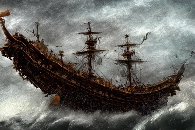 Image similar to epic pirate ship wreckage in a storm, sighting the kraken, in the style of vernon grant and chris van allsburg, trending on artstation, bright tilt - shift camcorder effect, photoshop, retrowave, hyperrealism,