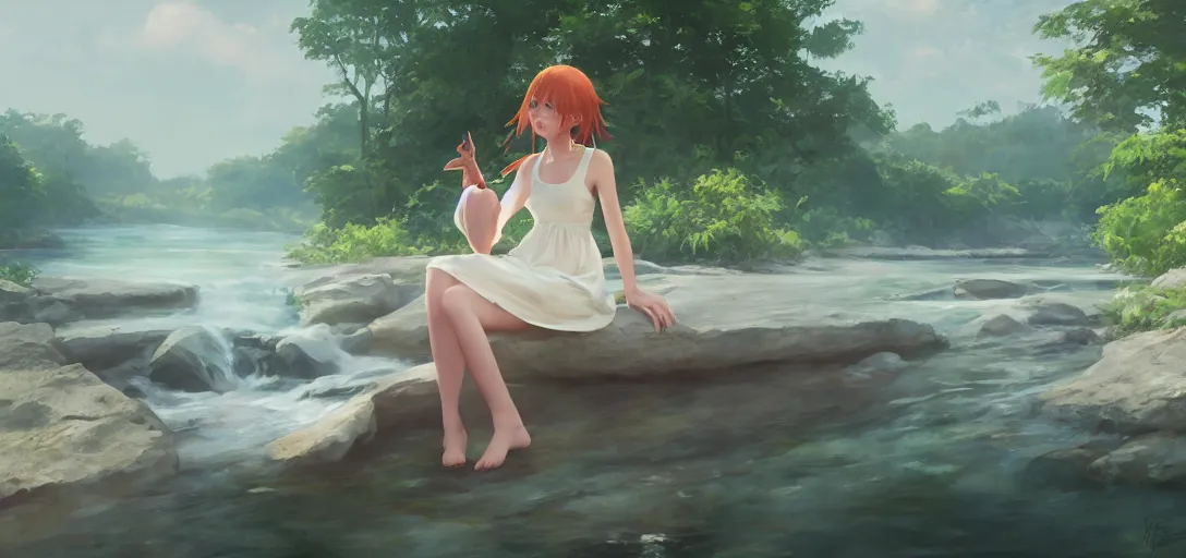 Image similar to southern ginger woman in simple cream dress sitting beside a river, airbrushed, hazy, gentle, soft lighting, wojtek fus, by makoto shinkai and ilya kuvshinov,