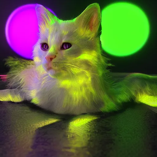 Image similar to neon and fluorescent & iridescent kittens cyperpunk 2 0 7 7, unreal engine 5, 8 k ultra realistic, hyperdetailed, volumetric lighting, extremely high quality