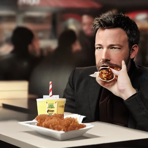 Image similar to A photo of Ben Affleck's Batman eating at KFC. Extremely detailed. 4K