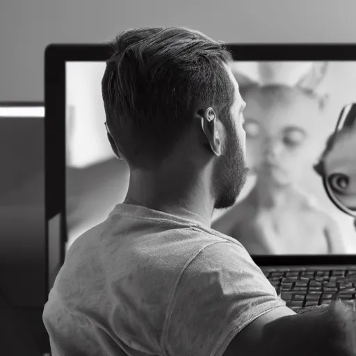 Image similar to the gigachad watching a video on a laptop, photorealistic, ultra detailed, high resolution, 8 k, black and white