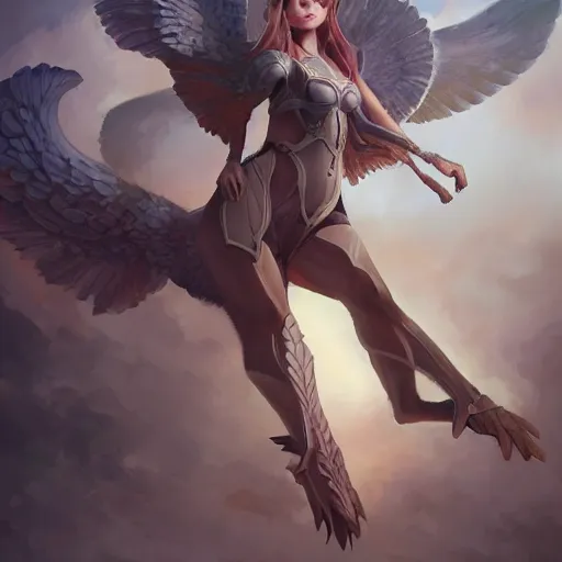 Image similar to Art station concept of a beautiful girl riding a gryphon, symmetrical face, smooth body features, by Stanley Artgerm Lau, WLOP, Rossdraws, James Jean, Andrei Riabovitchev, Marc Simonetti, and Sakimichan, trending on artstation