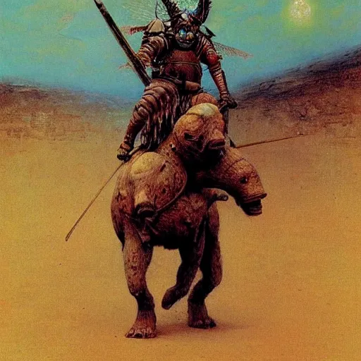 Prompt: winged hussar riding a war bear in armor, beksinski