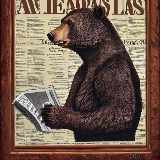 Image similar to a bear wearing a paisley shirt reading newspapers, highly detailed, portrait painting, illustration by scott gustafson and art station