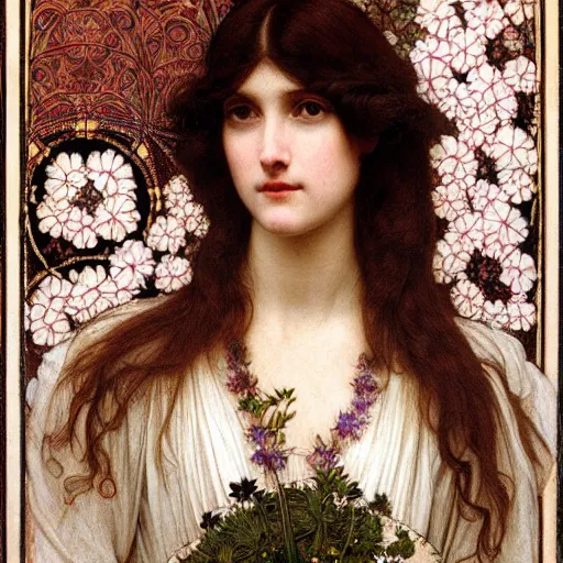 Image similar to Symmetric Pre-Raphaelite painting of a beautiful woman with dark hair and intense white eyes without pupils in a transparent silk dark red dress, surrounded by a halo frame of flowers and a highly detailed mathematical drawings of neural networks and geometry by Doré and Mucha, by John William Waterhouse, Pre-Raphaelite painting