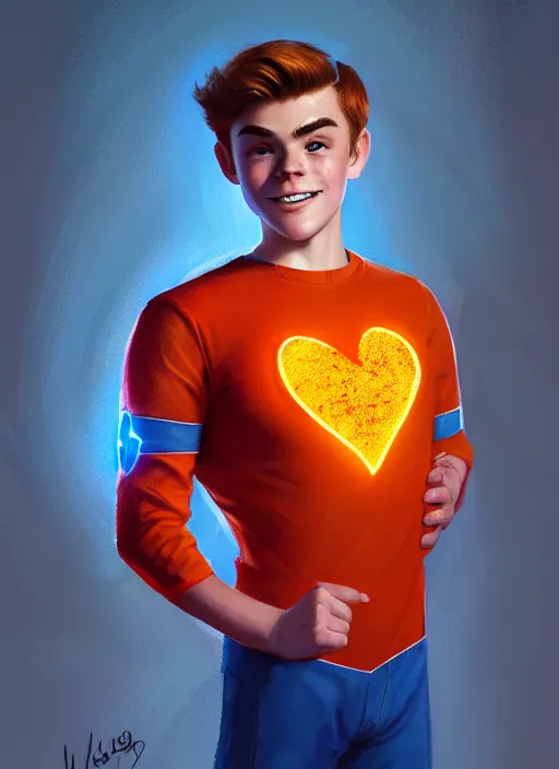 Image similar to friendly teenage archie andrews wearing an orange superhero costume with heart logo, freckles, superhero costume, heart emblem on chest, cape, intricate, elegant, glowing lights, highly detailed, digital painting, artstation, sharp focus, illustration, art by wlop, mars ravelo and greg rutkowski