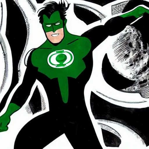 Prompt: Green Lantern in black and white uniform flying in-front of the moon, dramatic, dark, DC comic style