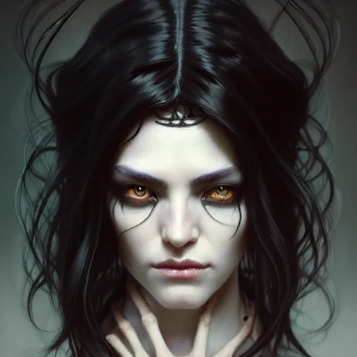 Image similar to portrait painting of an androgynous witch with shoulder length flowing black hair pale skin and beautiful dark brown eyes, ultra realistic, concept art, intricate details, eerie, highly detailed, photorealistic, octane render, 8 k, unreal engine. art by artgerm and greg rutkowski and alphonse mucha