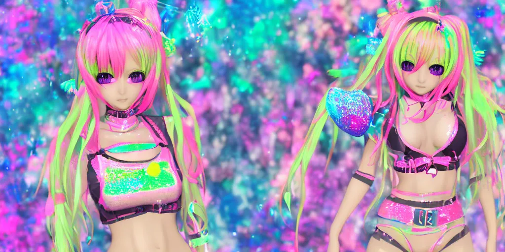 Image similar to 3 d anime decora gyaru kawaii angel jester fashion model, v tuber, pastel cybergoth, anime best girl, slime and glitter glue with glitch and scribble effects, psychedelic colors, 3 d render octane, by wlop, wenjr, beeple, artstation, imaginefx